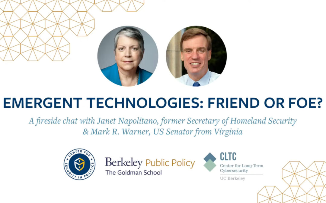 A fireside chat with Janet Napolitano, former Secretary of Homeland Security, and Mark R. Warner, US Senator from Virginia.